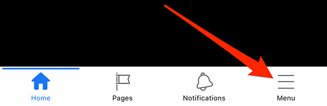Screenshot of the Facebook home screen with a red arrow pointing at "Menu" in the bottom-right corner of the screen