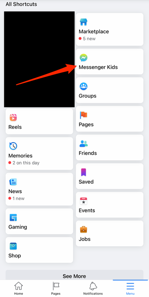 Screenshot of Facebook's "Menu" screen with a red arrow pointing at "Messenger Kids"