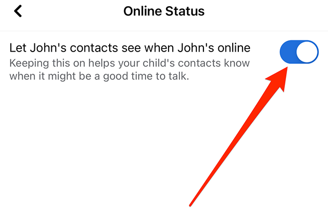 Screenshot of Facebook's Messenger Kids "Online Status" screen with a red arrow pointing at the toggle to the right of "Let John's contacts see when John's online"