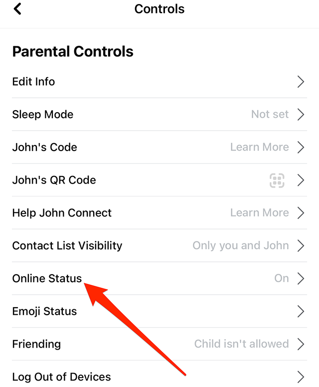 Screenshot of Facebook's Messenger Kids "Controls" screen with a red arrow pointing at "Online Status"