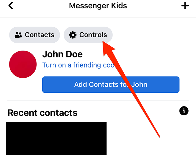 Screenshot of Facebook's "Messenger Kids" screen with a red arrow pointing at the "Controls" button near the top of the screen