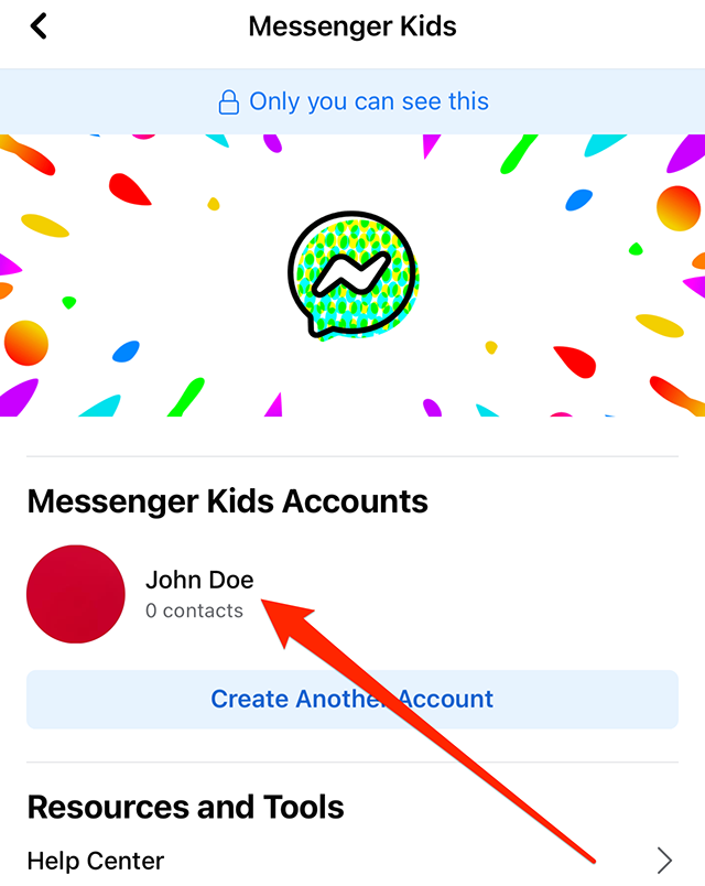 Screenshot of Facebook's "Messenger Kids" screen with a red arrow pointing at the child's account